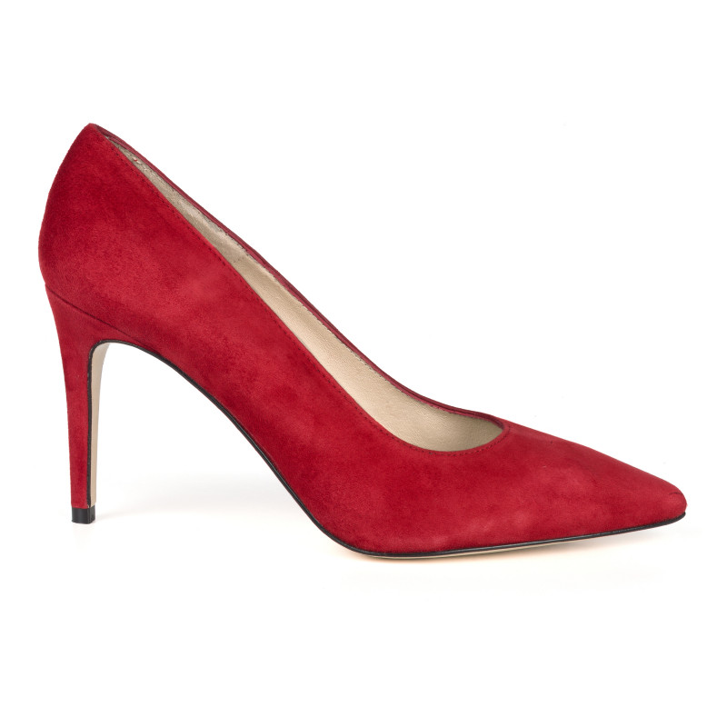 vue exterieure escarpin cuir daim rouge fabrique en Espagne