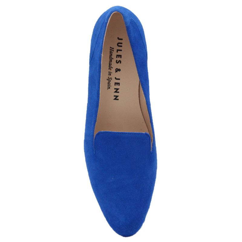 vue dessus slippers plates cuir daim bleu royal Jules & Jenn