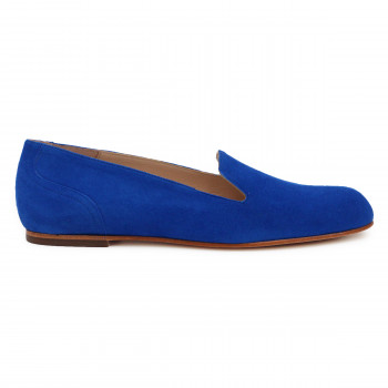 vue exterieure slippers plates cuir daim bleu royal Jules & Jenn