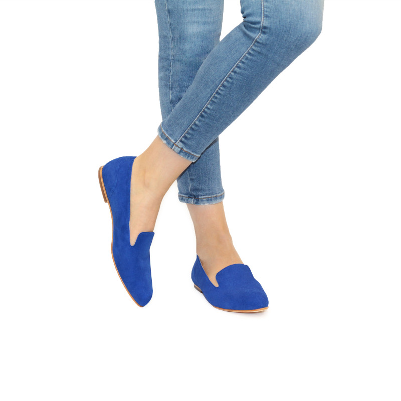 vue portee slippers plates cuir daim bleu royal Jules & Jenn