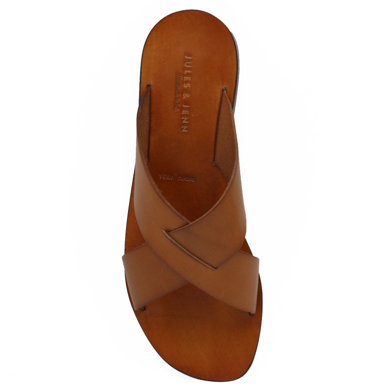 vue dessus Mules plates cuir camel JULES & JENN