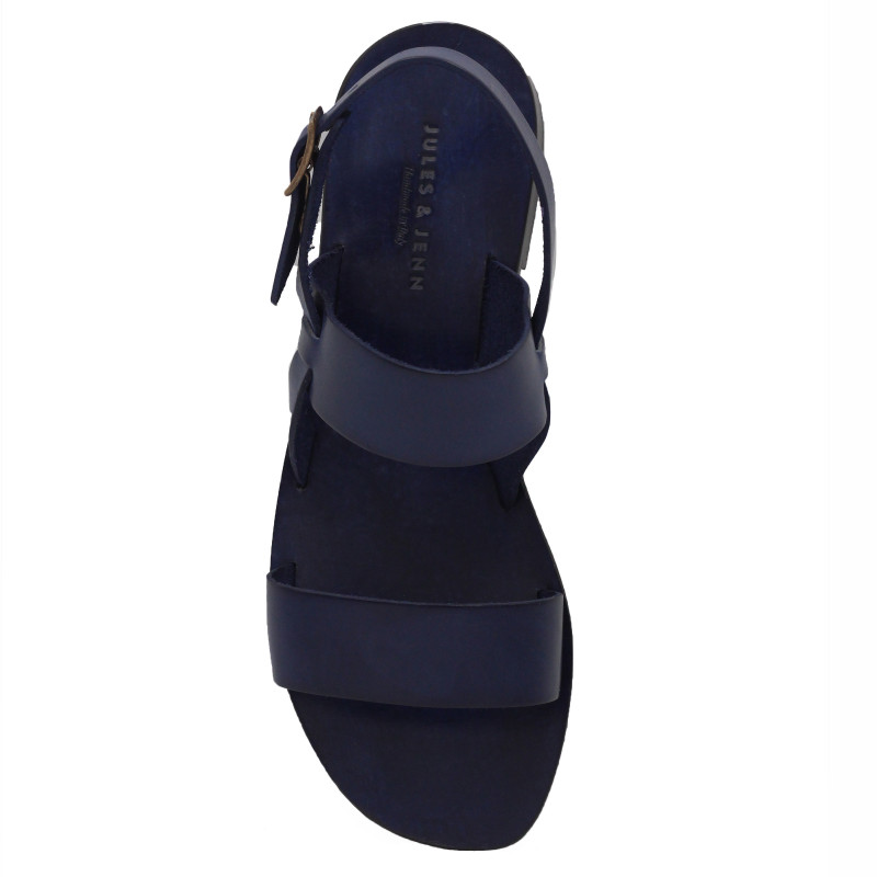 vue dessus Sandales plates cuir bleu marine JULES & JENN