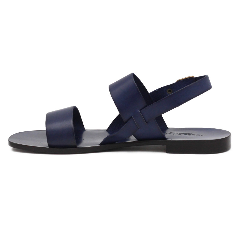 vue exterieure Sandales plates cuir bleu marine JULES & JENN
