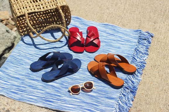 Mules plates cuir camel, rouge et bleu jules & jenn