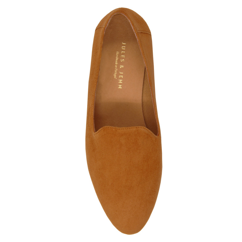 vue dessus slippers classiques cuir daim camel jules & jenn