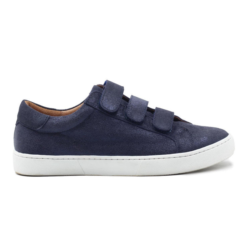vue exterieur baskets a scratch cuir bleu metallise jules & jenn