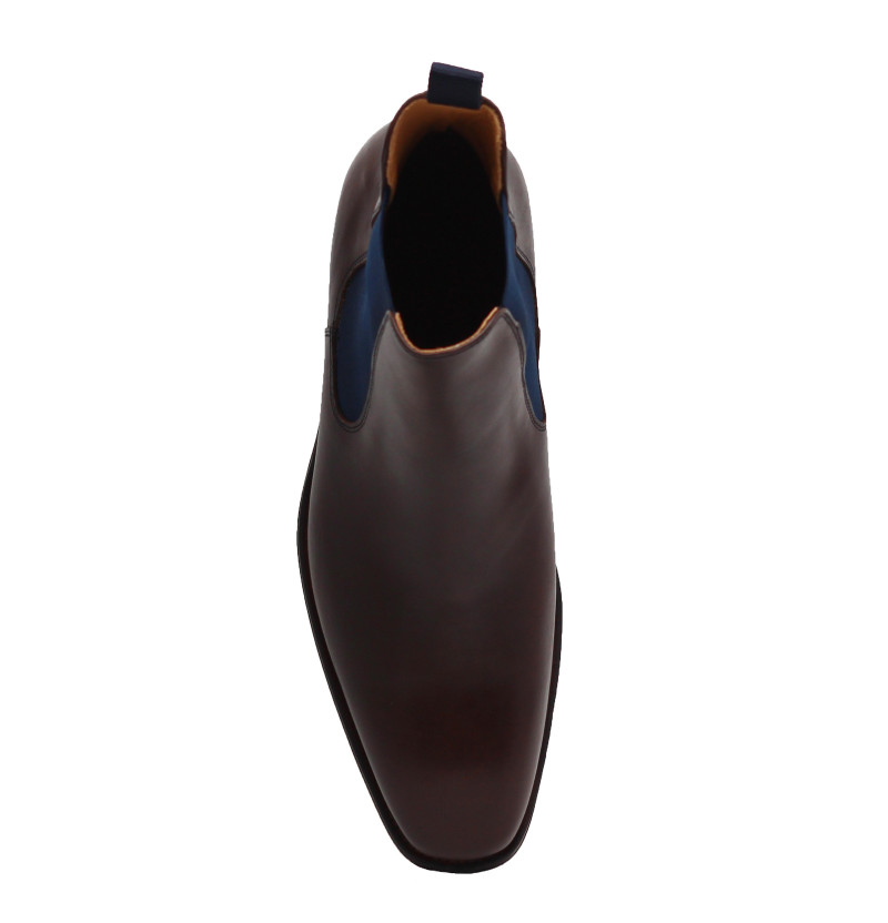 vue dessus chelsea boots cuir lisse tannage vegetal marron et bleu jules & jenn