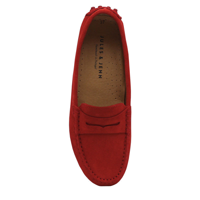 vue dessus mocassins femme cuir daim rouge jules & jenn