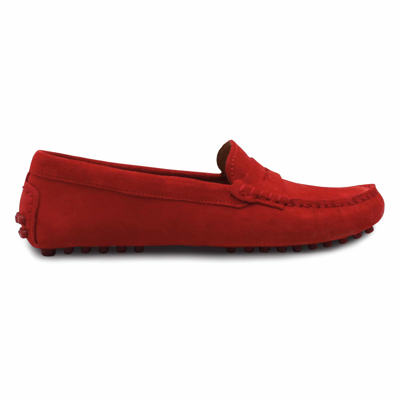 vue exterieure mocassins femme cuir daim rouge jules & jenn
