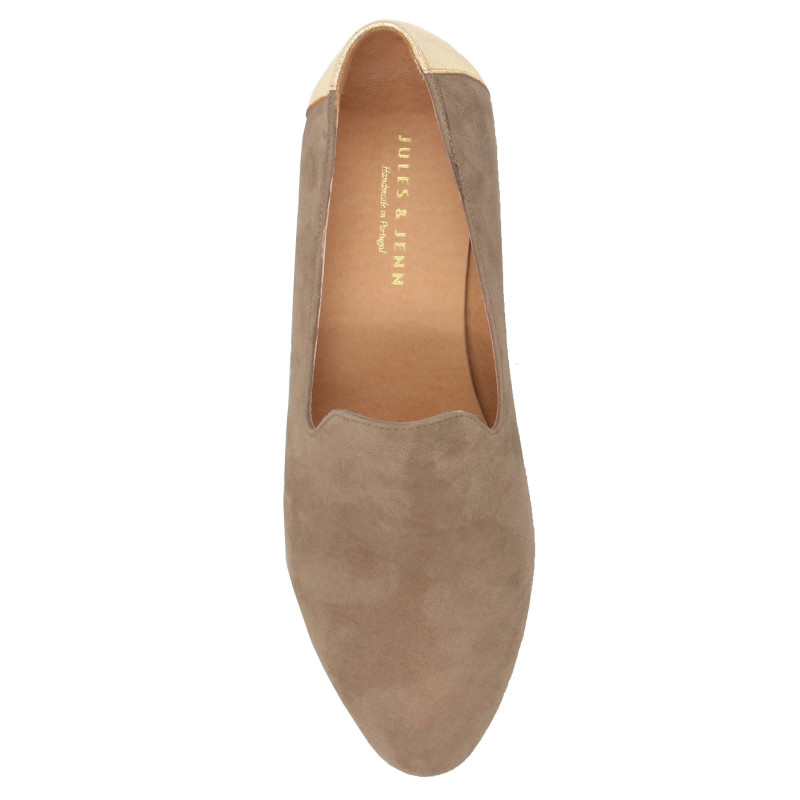 vue dessus slippers classiques cuir velours beige dore jules & jenn