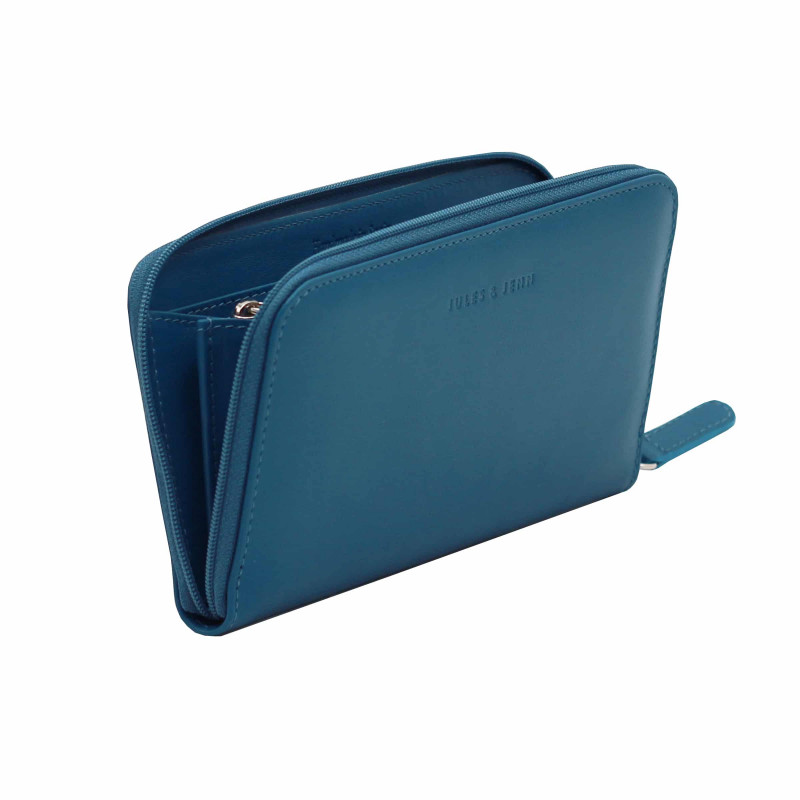 vue debout ouvert du compagnon cuir bleu royal jules & jenn