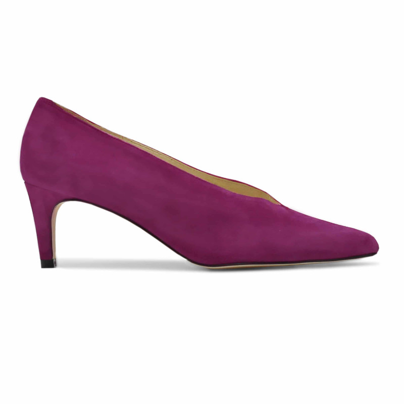 vue exterieure escarpin decollete V cuir daim mauve jules & jenn