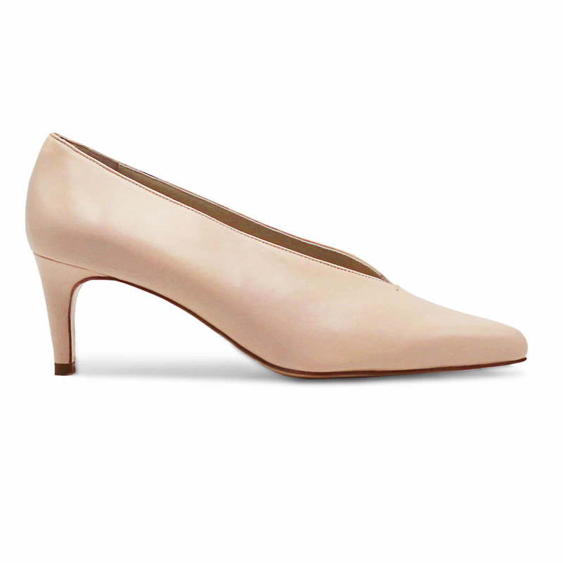 vue exterieure escarpin decollete V cuir rose poudre jules & jenn