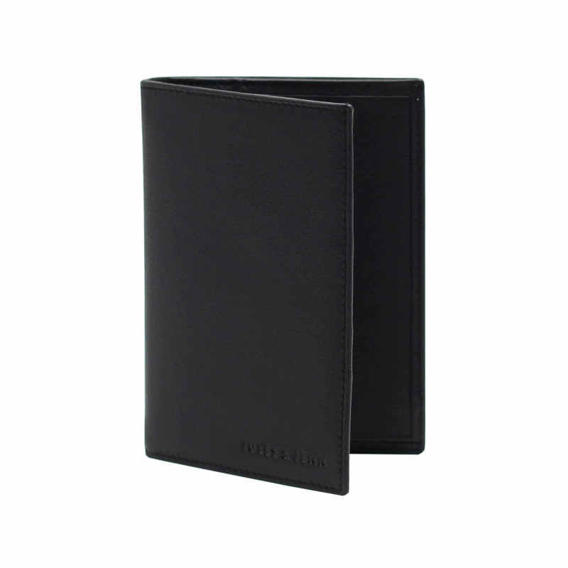 vue debout du portefeuille classique noir cuir italien