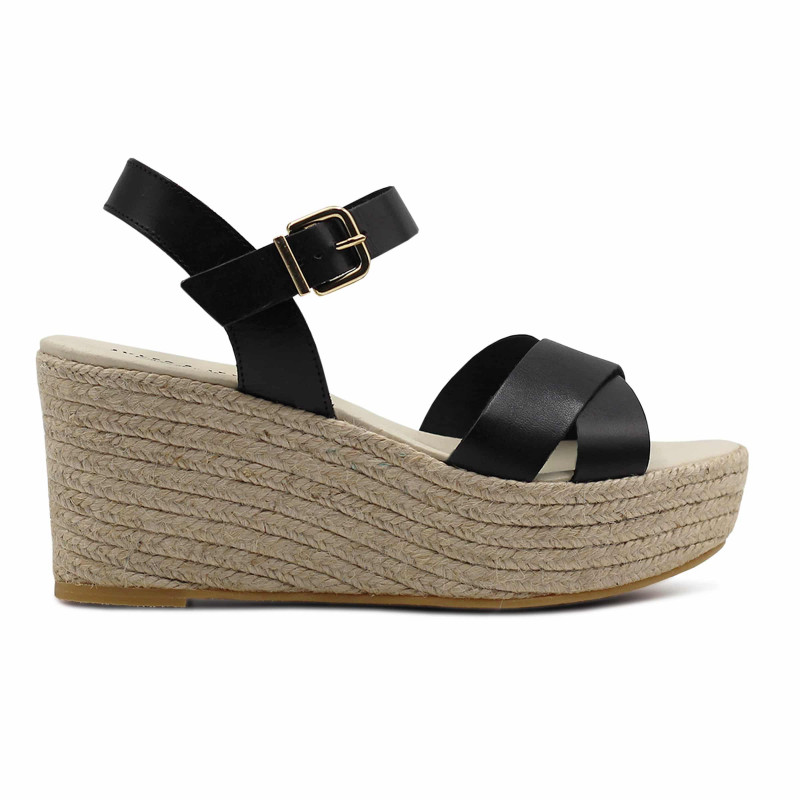 vue exterieure sandales compensees cuir noir jules & jenn