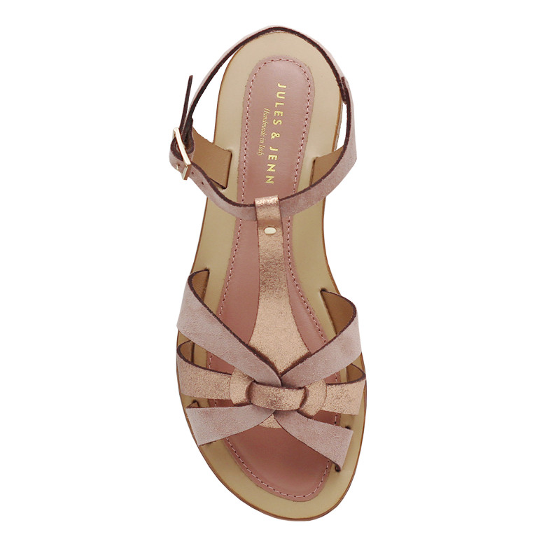 vue dessus sandales plates croisees cuir daim rose jules&jenn