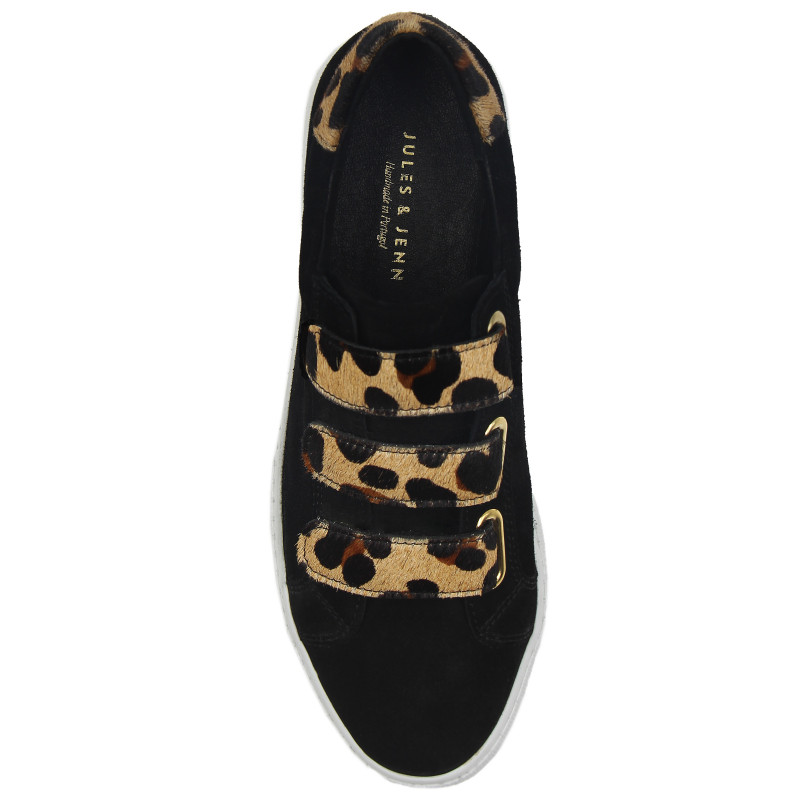 vue dessus baskets a scratch cuir daim noir et leopard jules & jenn