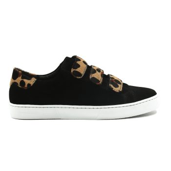 vue exterieure baskets a scratch cuir daim noir et leopard jules & jenn