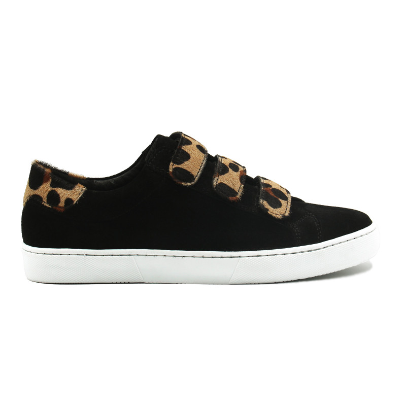 vue exterieure baskets a scratch cuir daim noir et leopard jules & jenn