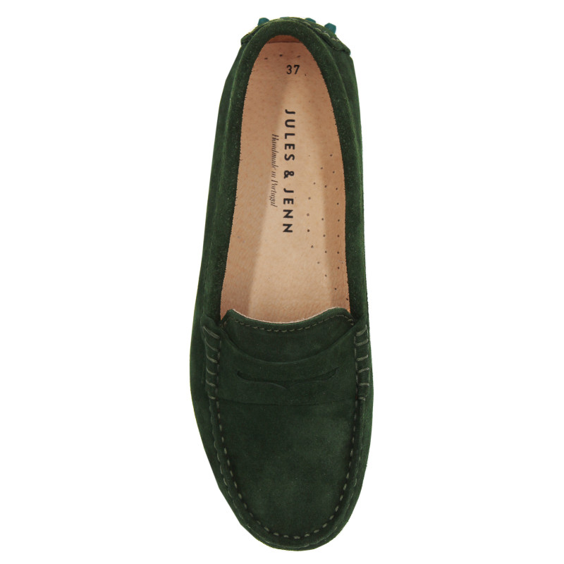 vue dessus mocassins cuir daim vert femme jules & jenn