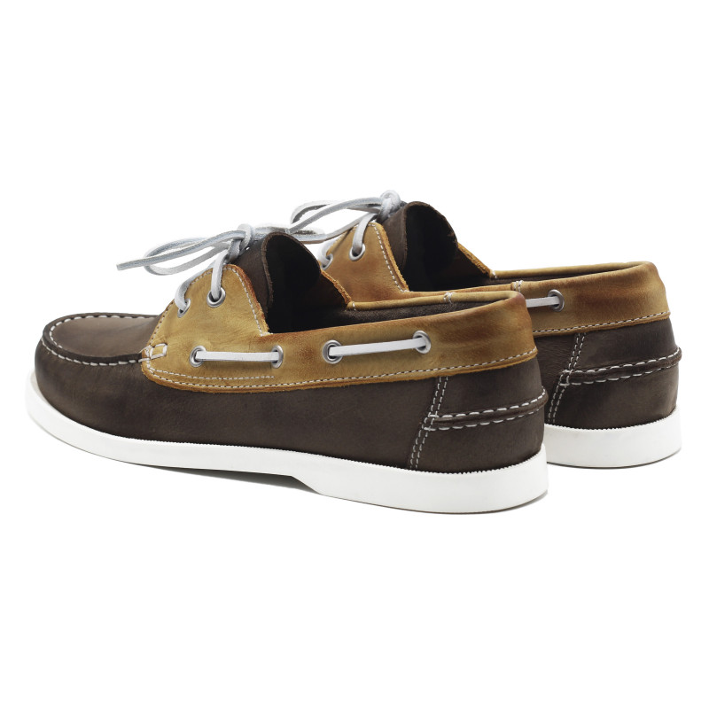 vue arriere chaussures bateau cuir marron et beige jules & jenn