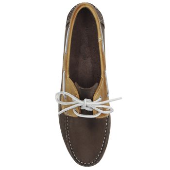 vue dessus chaussures bateau cuir marron et beige jules & jenn