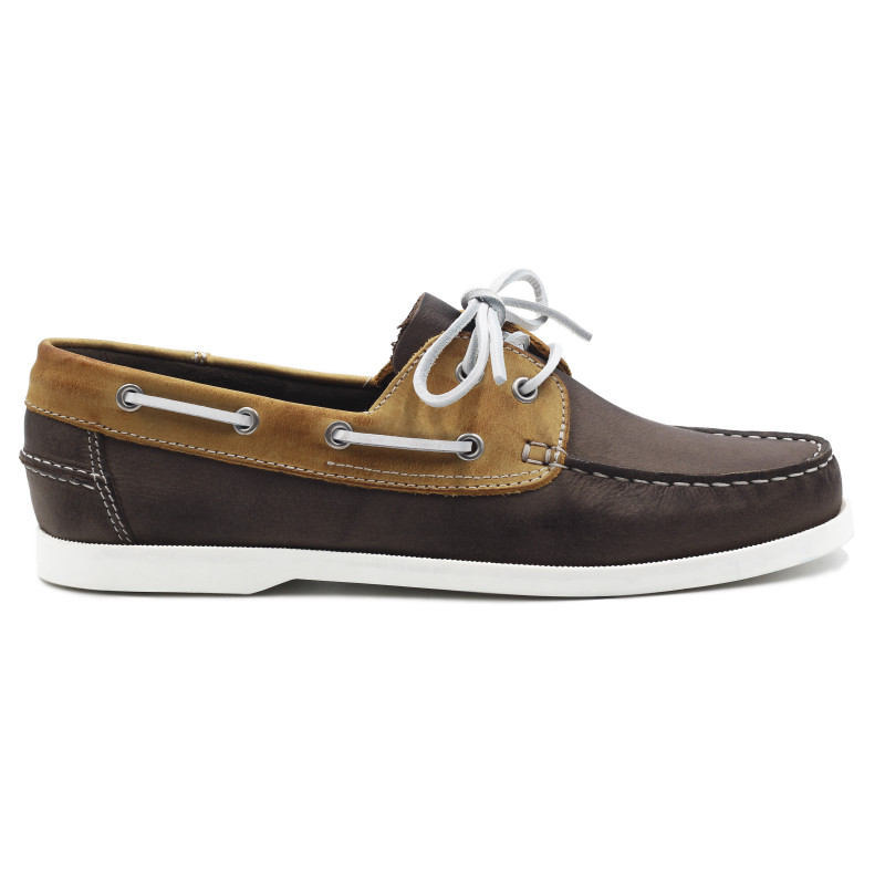 vue exterieure chaussures bateau cuir marron et beige jules & jenn