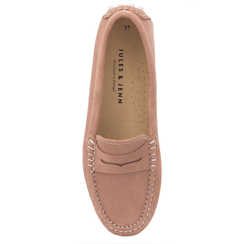 vue dessus mocassins femme cuir daim rose et blanc jules & jenn