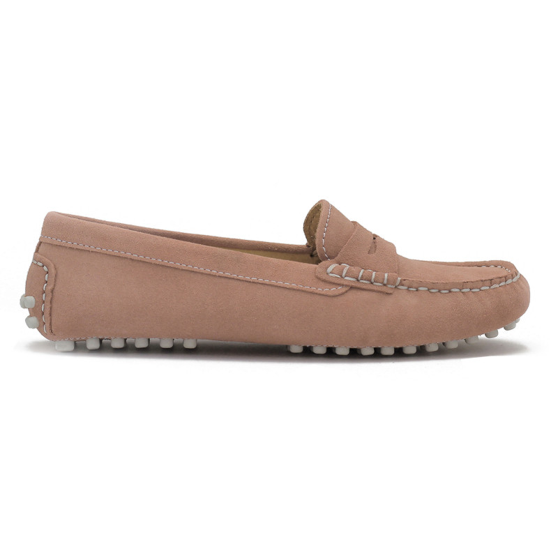 vue exterieur mocassins femme cuir daim rose et blanc jules & jenn