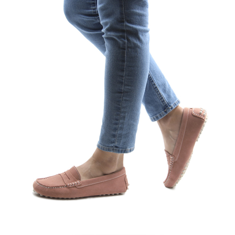 vue portee interieur mocassins femme cuir daim rose et blanc jules & jenn