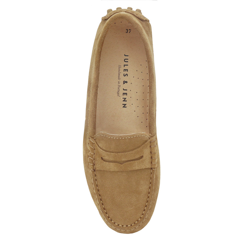 vue dessus mocassins femme cuir daim marron clair jules & jenn