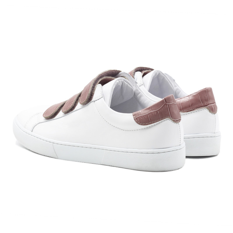 vue arriere baskets a scratch cuir blanc et rose jules & jenn