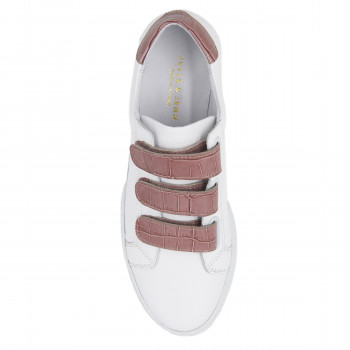 vue dessus baskets a scratch cuir blanc et rose jules & jenn