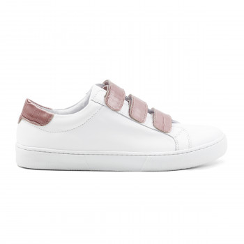vue exterieur baskets a scratch cuir blanc et rose jules & jenn