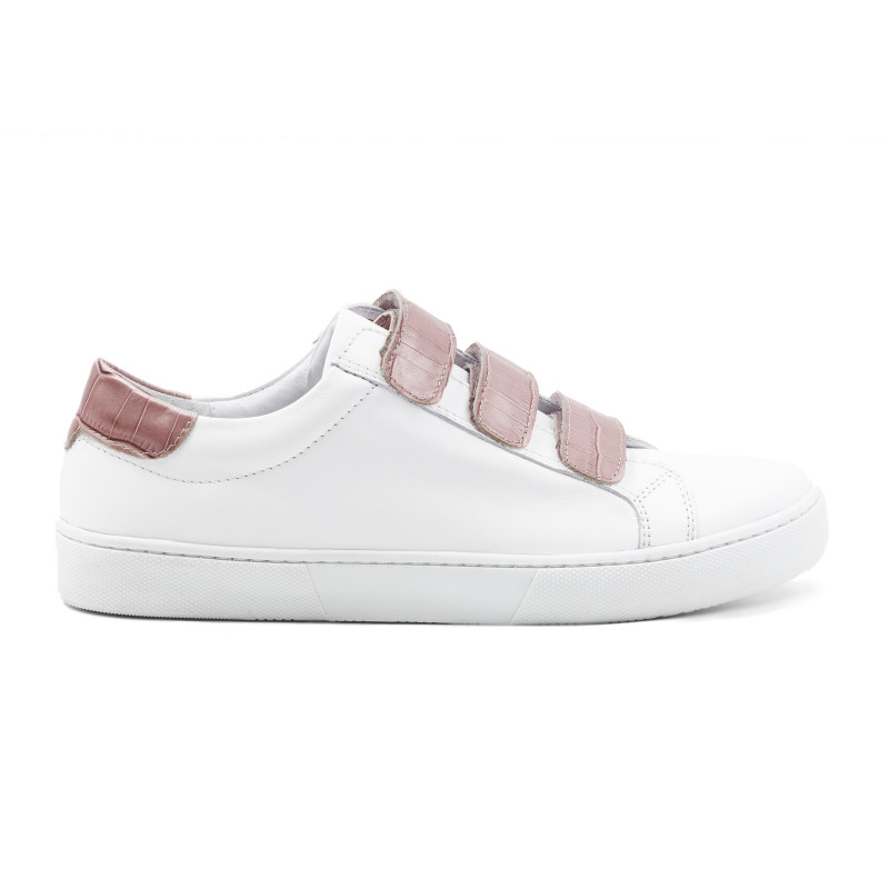 vue exterieur baskets a scratch cuir blanc et rose jules & jenn