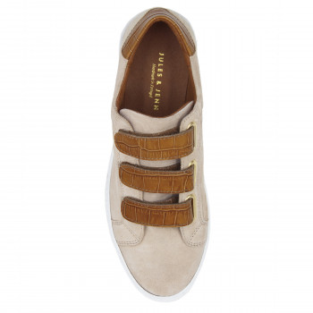 vue dessus baskets a scratch cuir daim beige et cognac jules & jenn