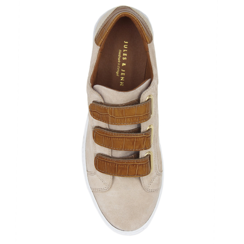 vue dessus baskets a scratch cuir daim beige et cognac jules & jenn