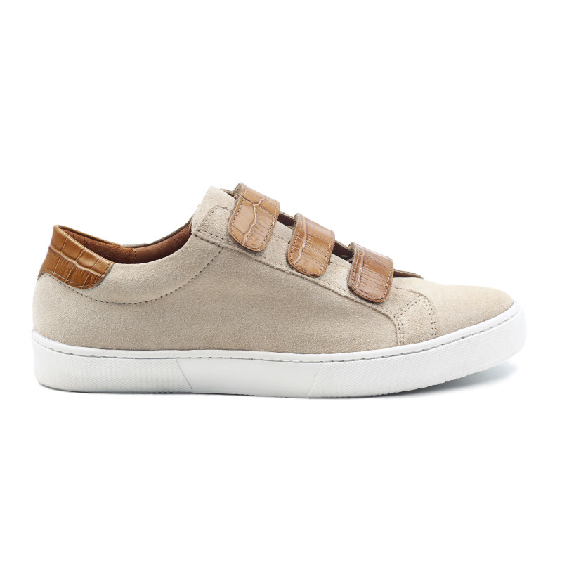 vue exterieur baskets a scratch cuir daim beige et cognac jules & jenn