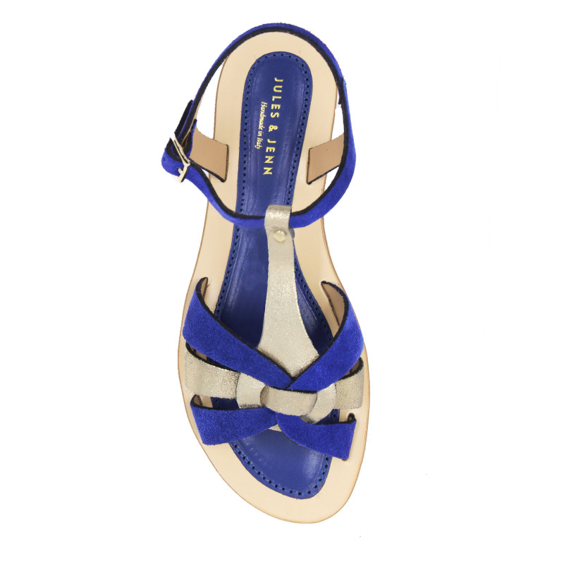 vue dessus sandales plates croisees cuir daim bleu royal jules&jenn
