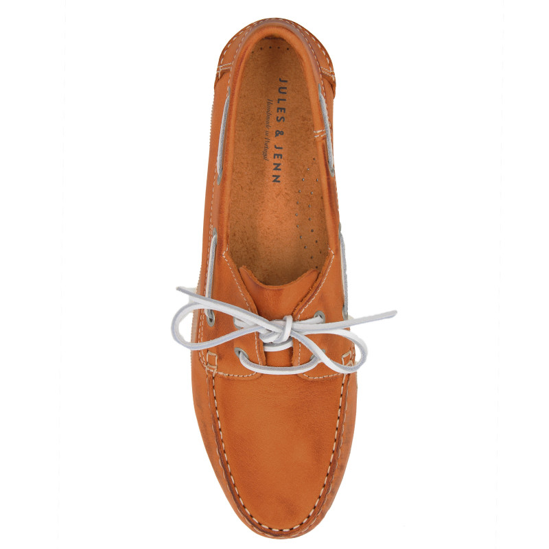 vue dessus chaussures bateau cuir orange jules & jenn