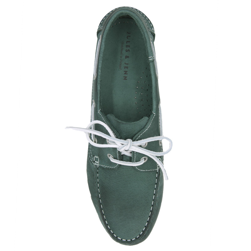 vue dessus chaussures bateau cuir vert jules & jenn