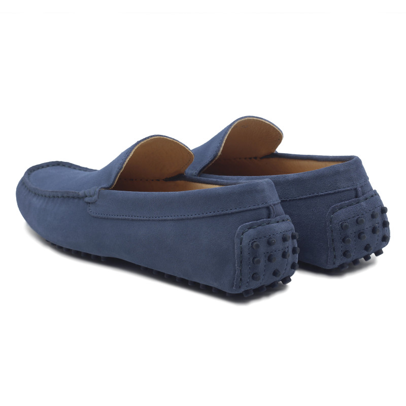 vue arriere mocassins homme cuir daim bleu