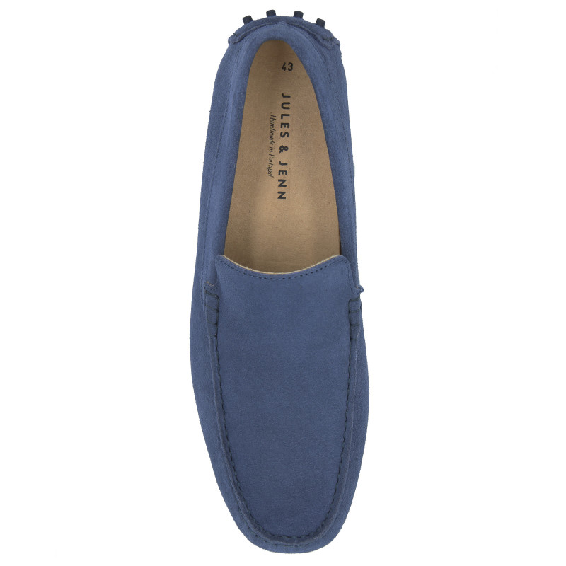 vue dessus mocassins homme cuir daim bleu