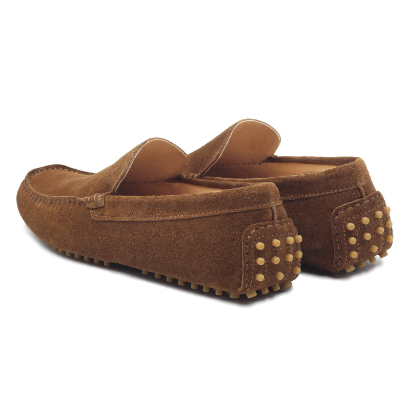 vue arriere mocassins homme cuir daim cognac