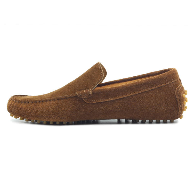 vue interieur mocassins homme cuir daim cognac