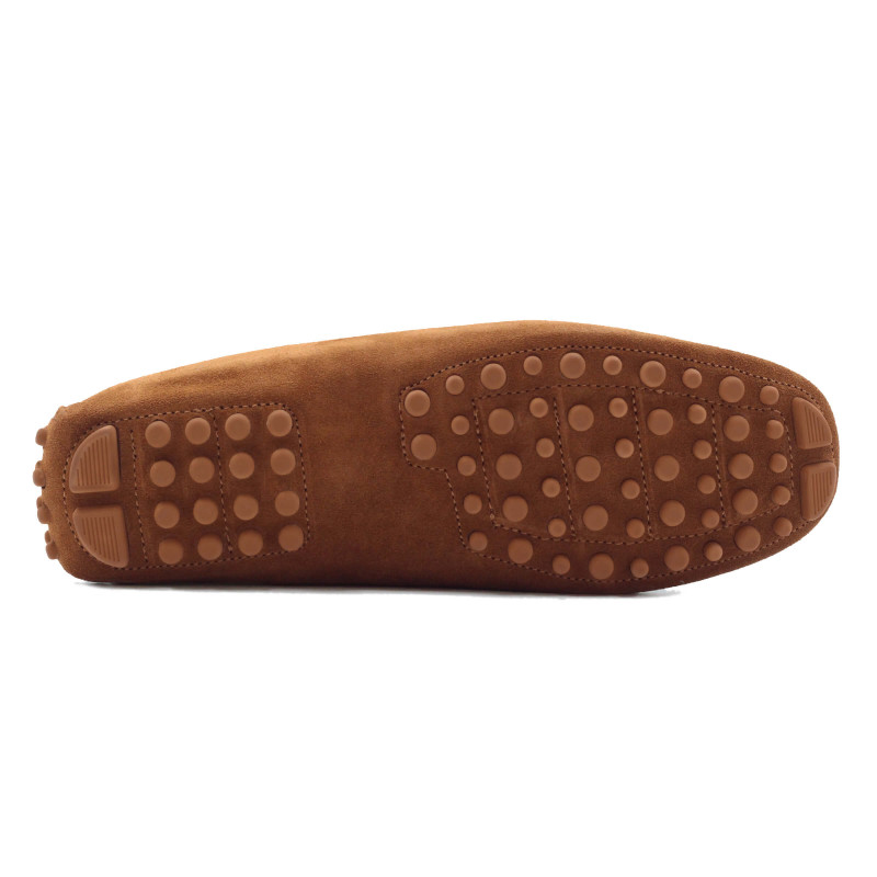 vue dessous mocassins homme cuir daim cognac