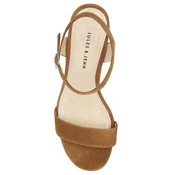 vue dessus sandales moyen talon cuir daim camel jules & jenn