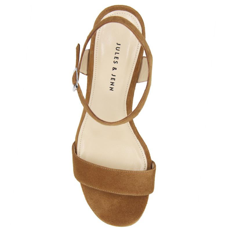 vue dessus sandales moyen talon cuir daim camel jules & jenn