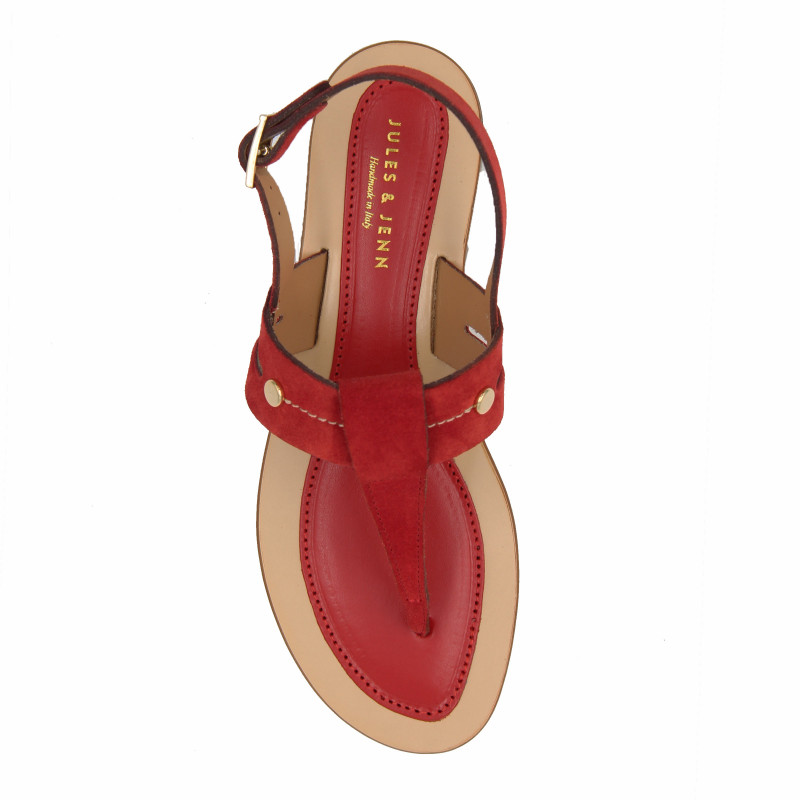 vue dessus sandales tropeziennes cuir daim rouge jules & jenn