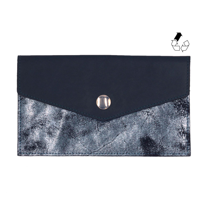 Pochette enveloppe cuir upcyclé bleu & gris JULES & JENN